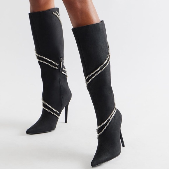 Fashion Nova Shoes - Fashion Nova Denim Rhinestone Trim Boots